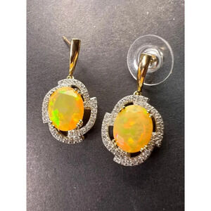 10k gold Ethiopian opal and white zircon earrings